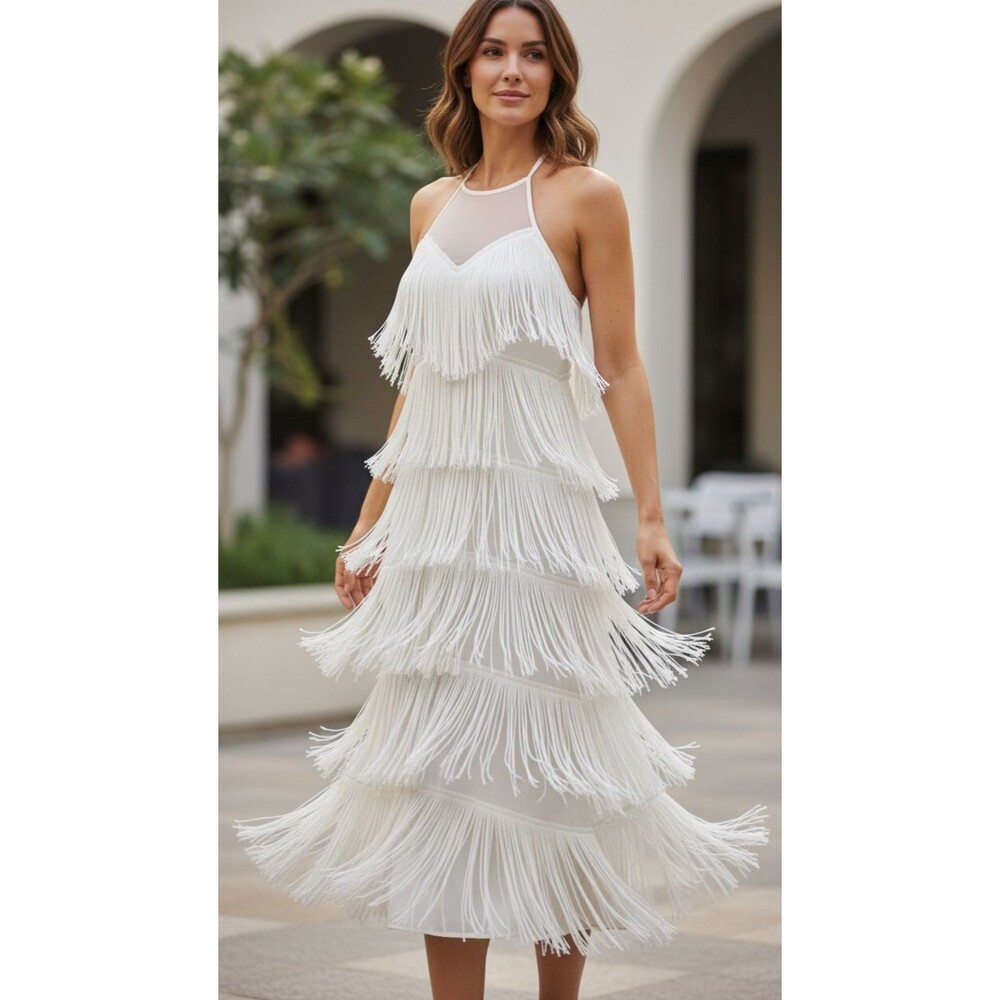 DESIGNER BOOHOO WHITE FRINGE HALTER NECKLINE MIDI CALF PARTY WEDDING DRESS LARGE
